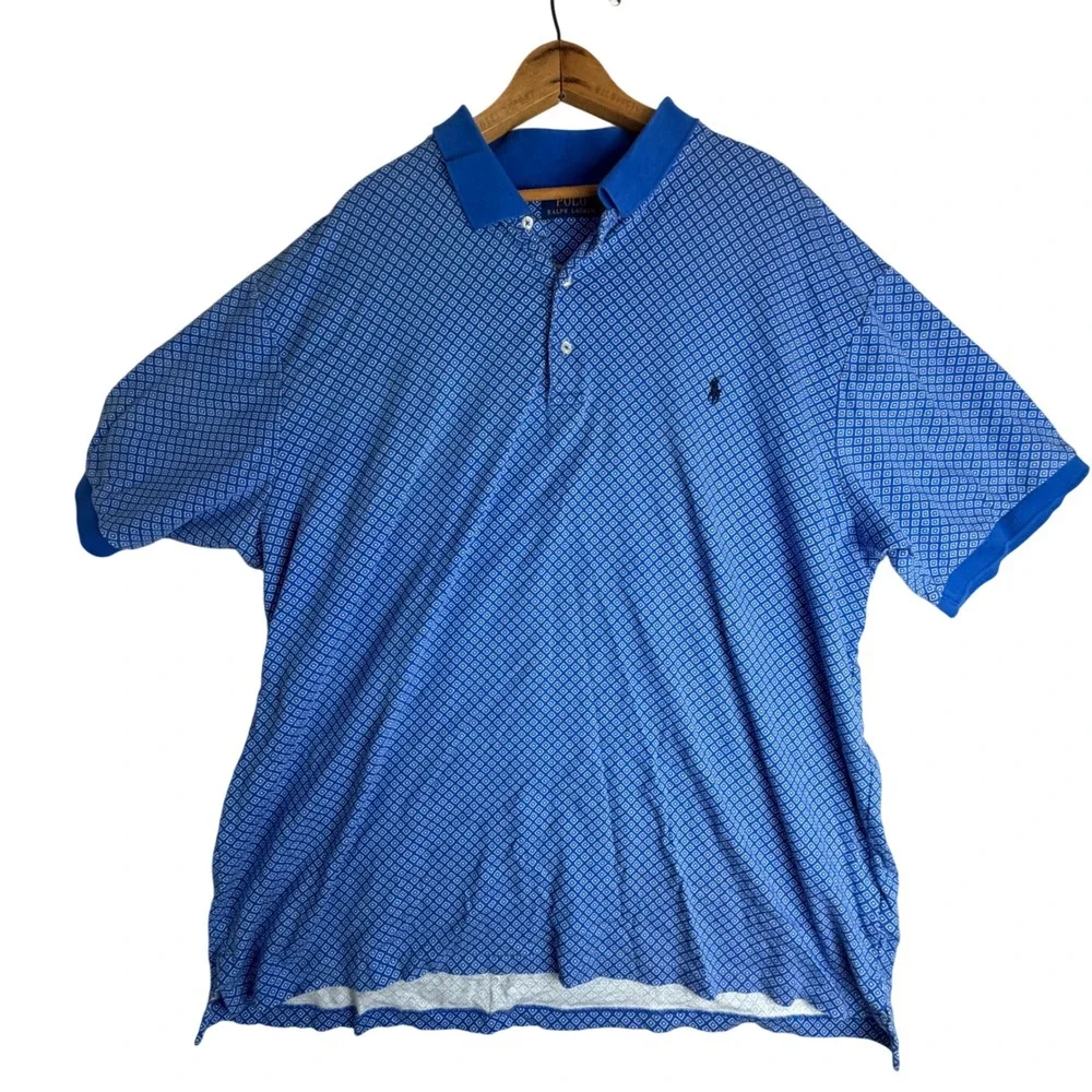Polo Ralph Lauren Mens 2XLT Blue Geometric Diamond Print Short Sleeve Polo Shirt